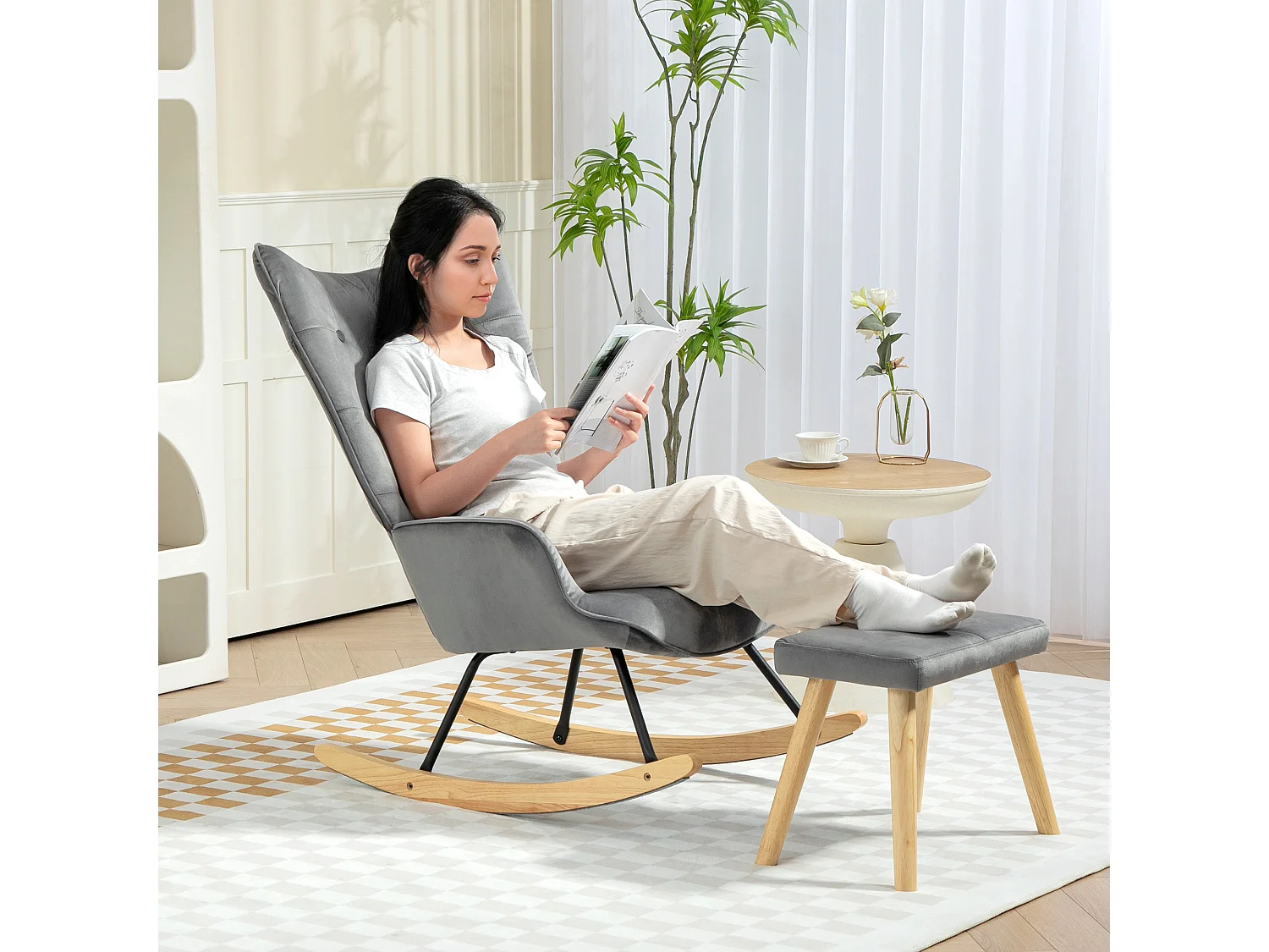 Schommelstoel met poef, fluwelen stof, houten poten, donkergrijs (66x96x101 cm)