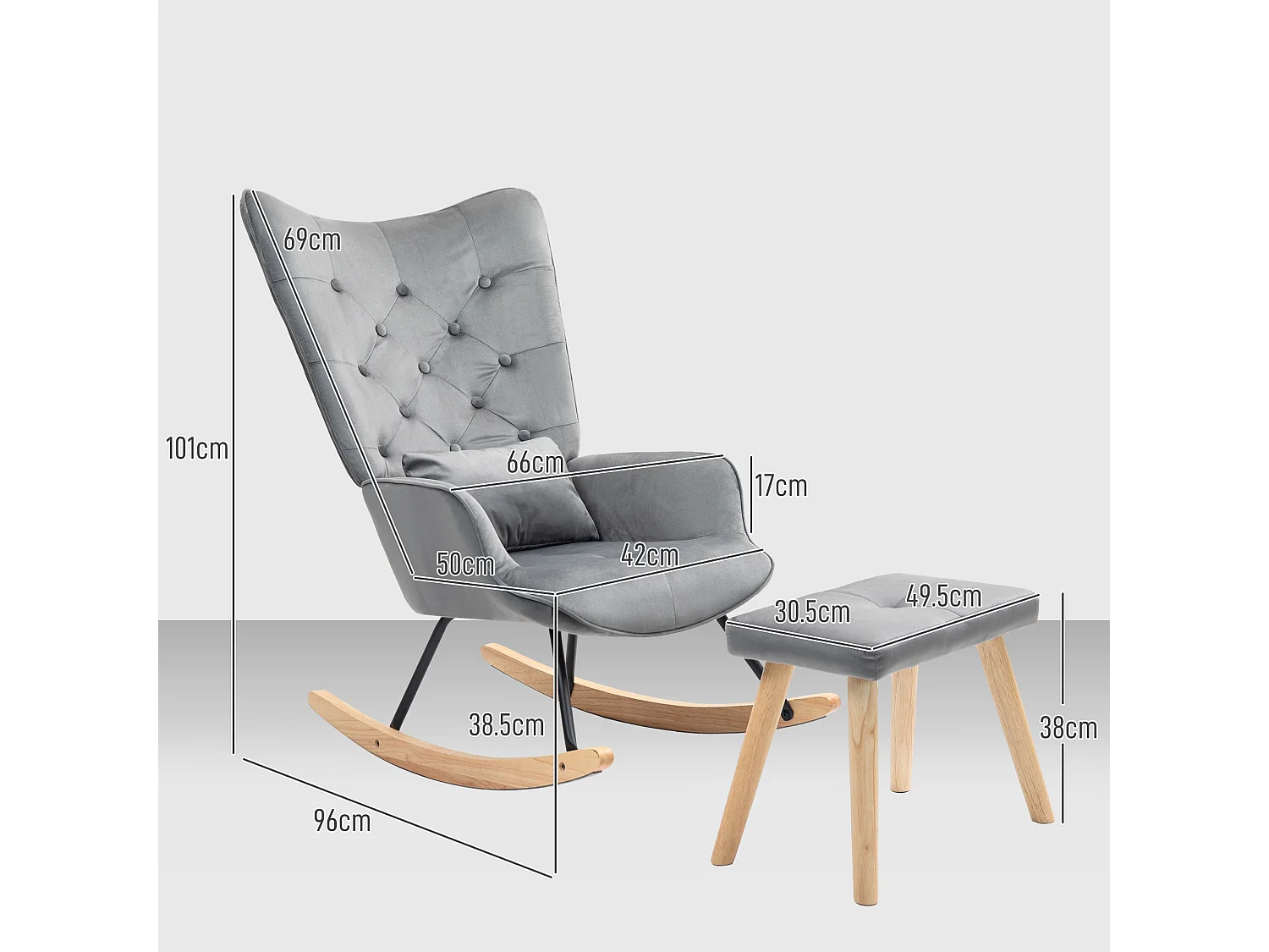 Schommelstoel met poef, fluwelen stof, houten poten, donkergrijs (66x96x101 cm)