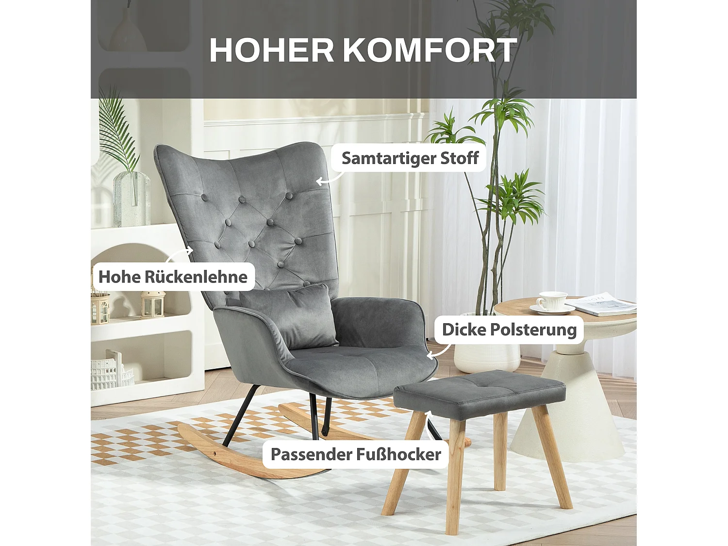 Schommelstoel met poef, fluwelen stof, houten poten, donkergrijs (66x96x101 cm)