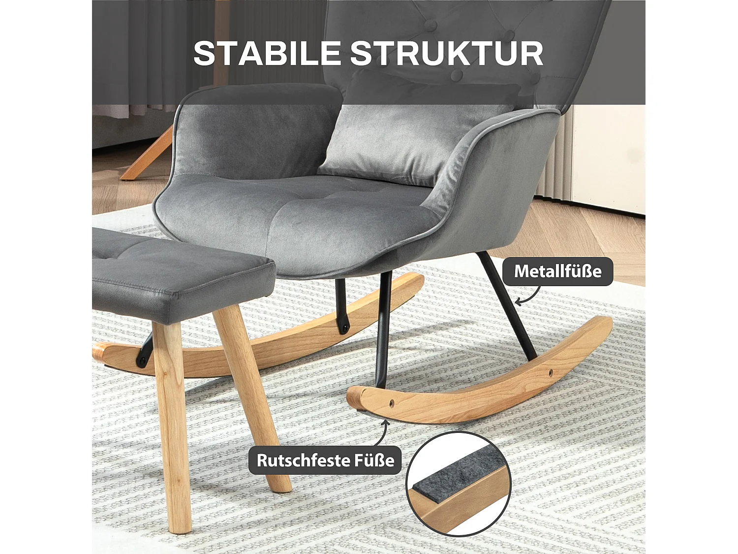 Schommelstoel met poef, fluwelen stof, houten poten, donkergrijs (66x96x101 cm)