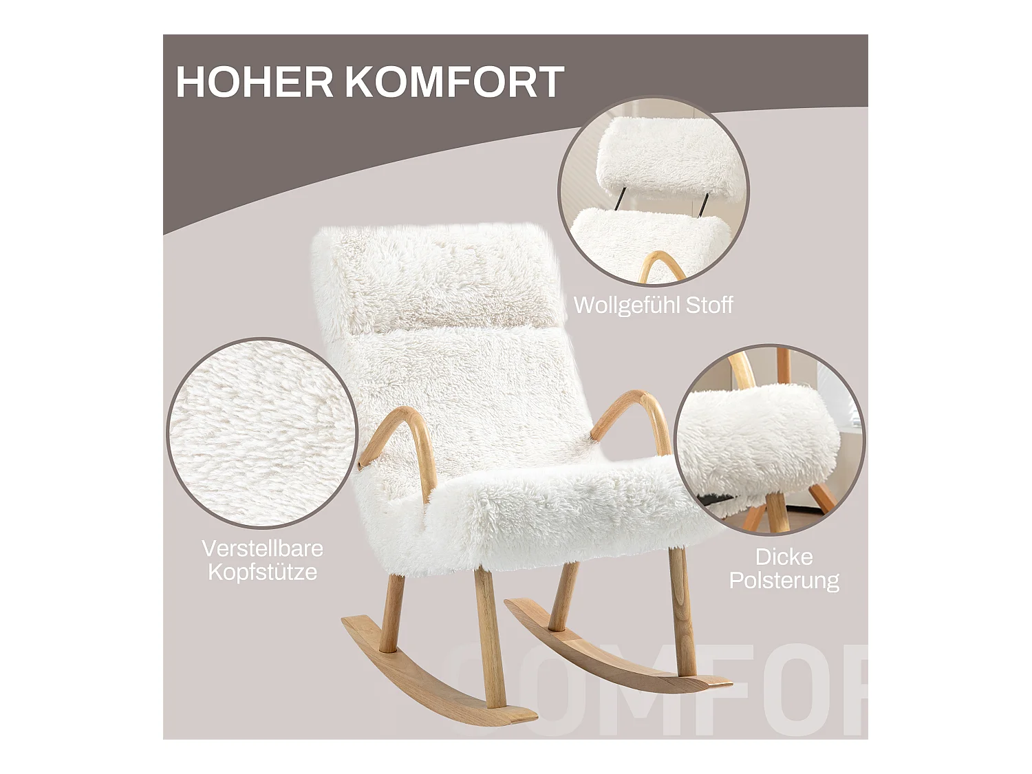 Fauteuil à bascule avec accoudoirs en bois, revêtement effet laine, blanc (58x114x109cm)