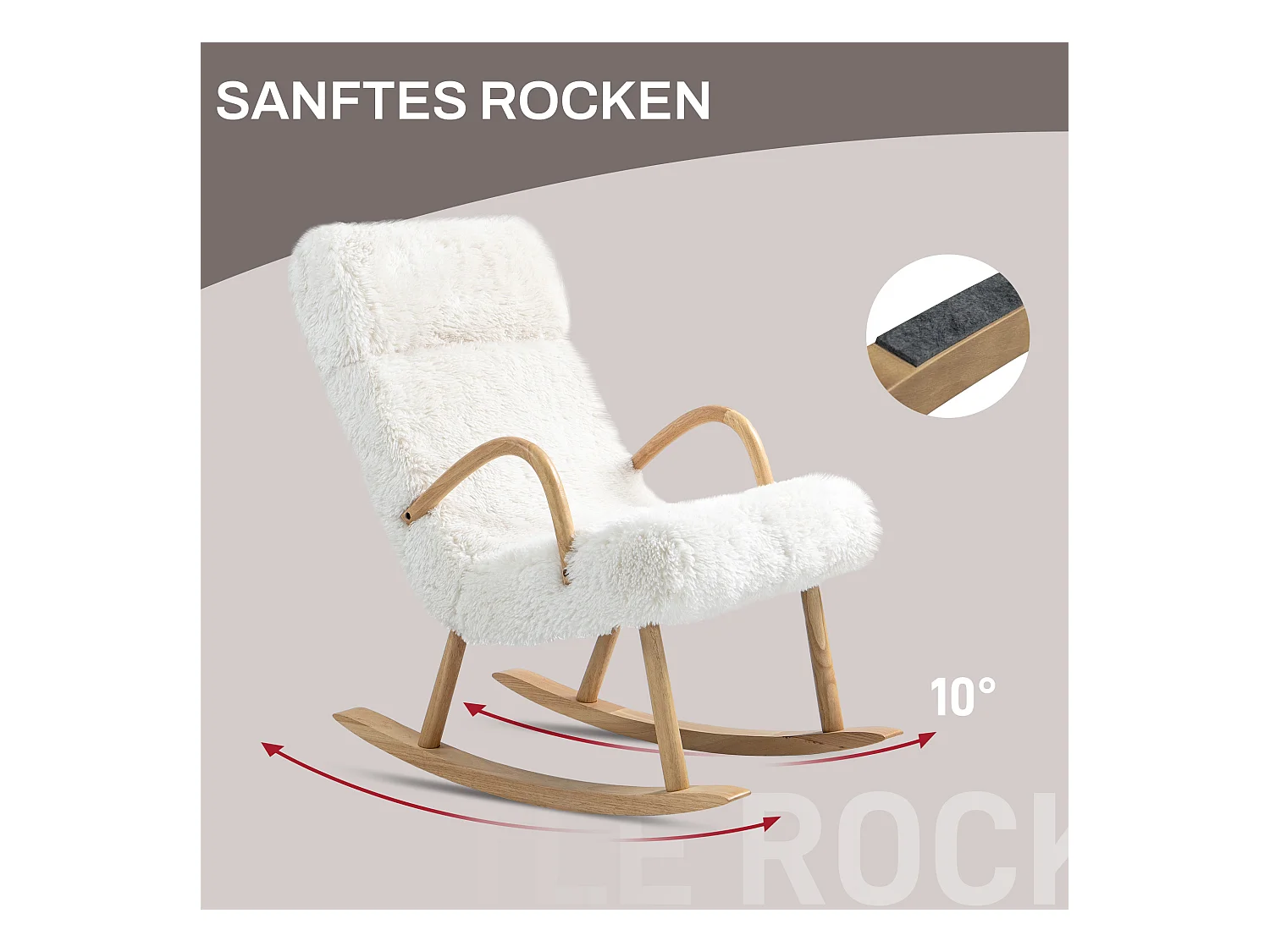 Fauteuil à bascule avec accoudoirs en bois, revêtement effet laine, blanc (58x114x109cm)