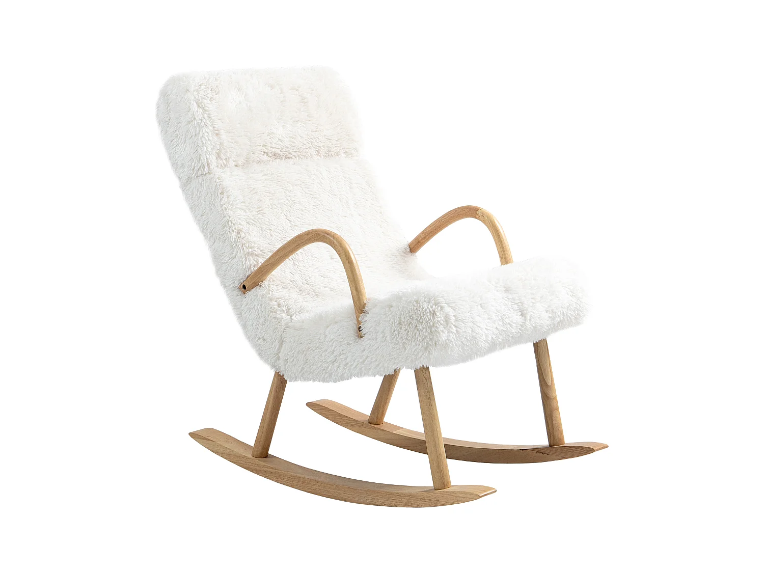 Fauteuil à bascule avec accoudoirs en bois, revêtement effet laine, blanc (58x114x109cm)