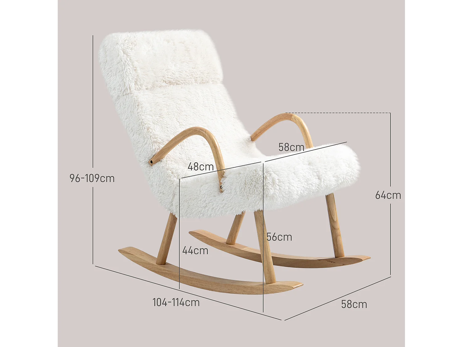 Schaukelstuhl mit Holzarmlehnen, Polsterung in Wolloptik, weiß (58x114x109cm)