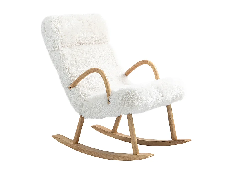 Fauteuil à bascule avec accoudoirs en bois, revêtement effet laine, blanc (58x114x109cm)
