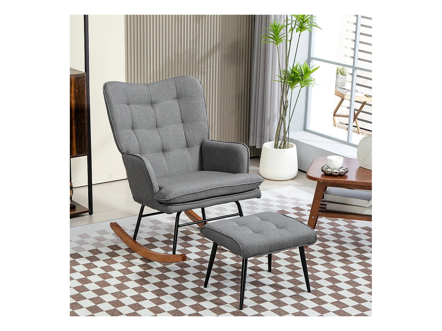 Fauteuil à bascule avec repose-pieds, tissu lin, gris foncé (64x89x90cm)