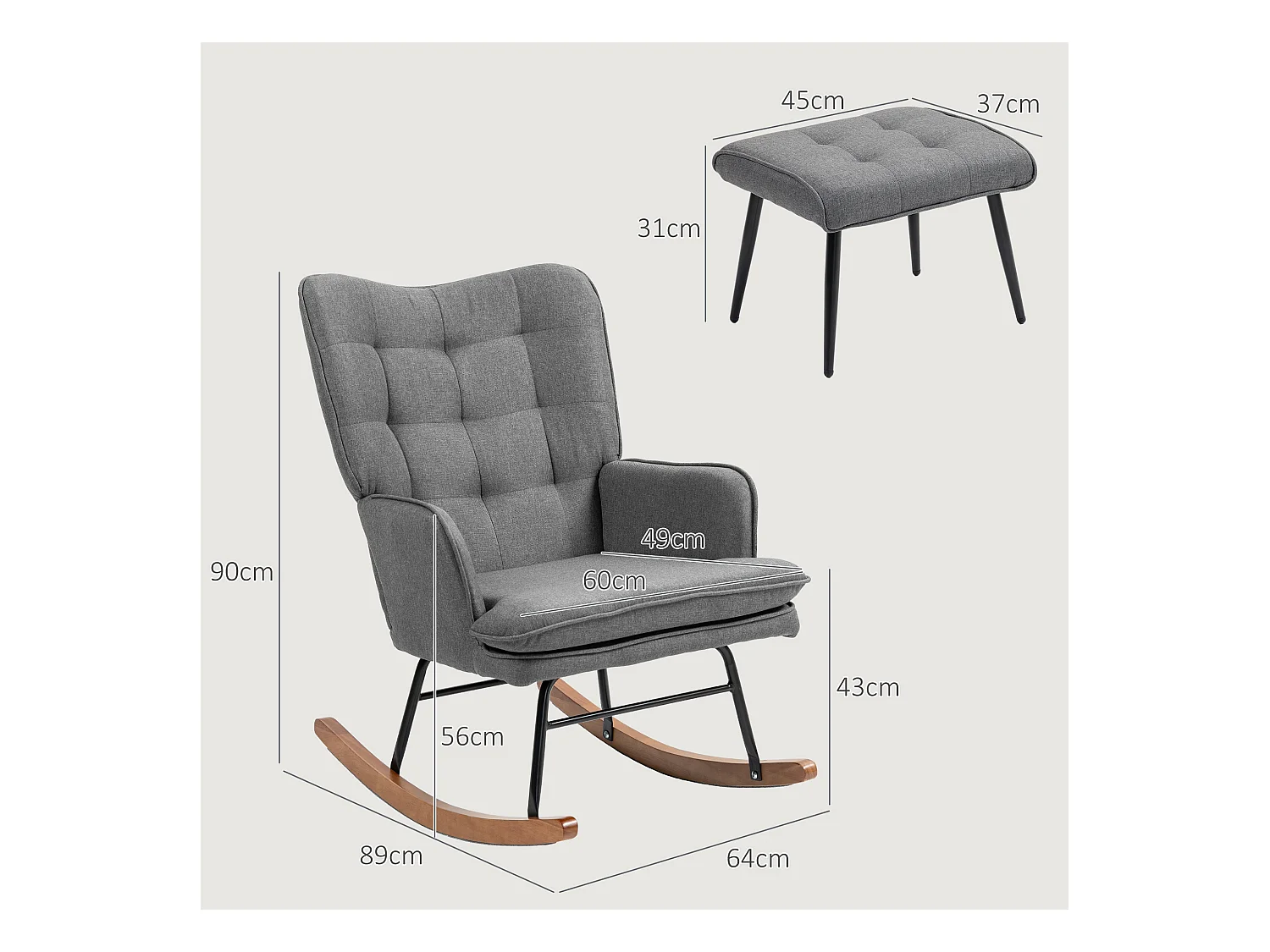 Fauteuil à bascule avec repose-pieds, tissu lin, gris foncé (64x89x90cm)
