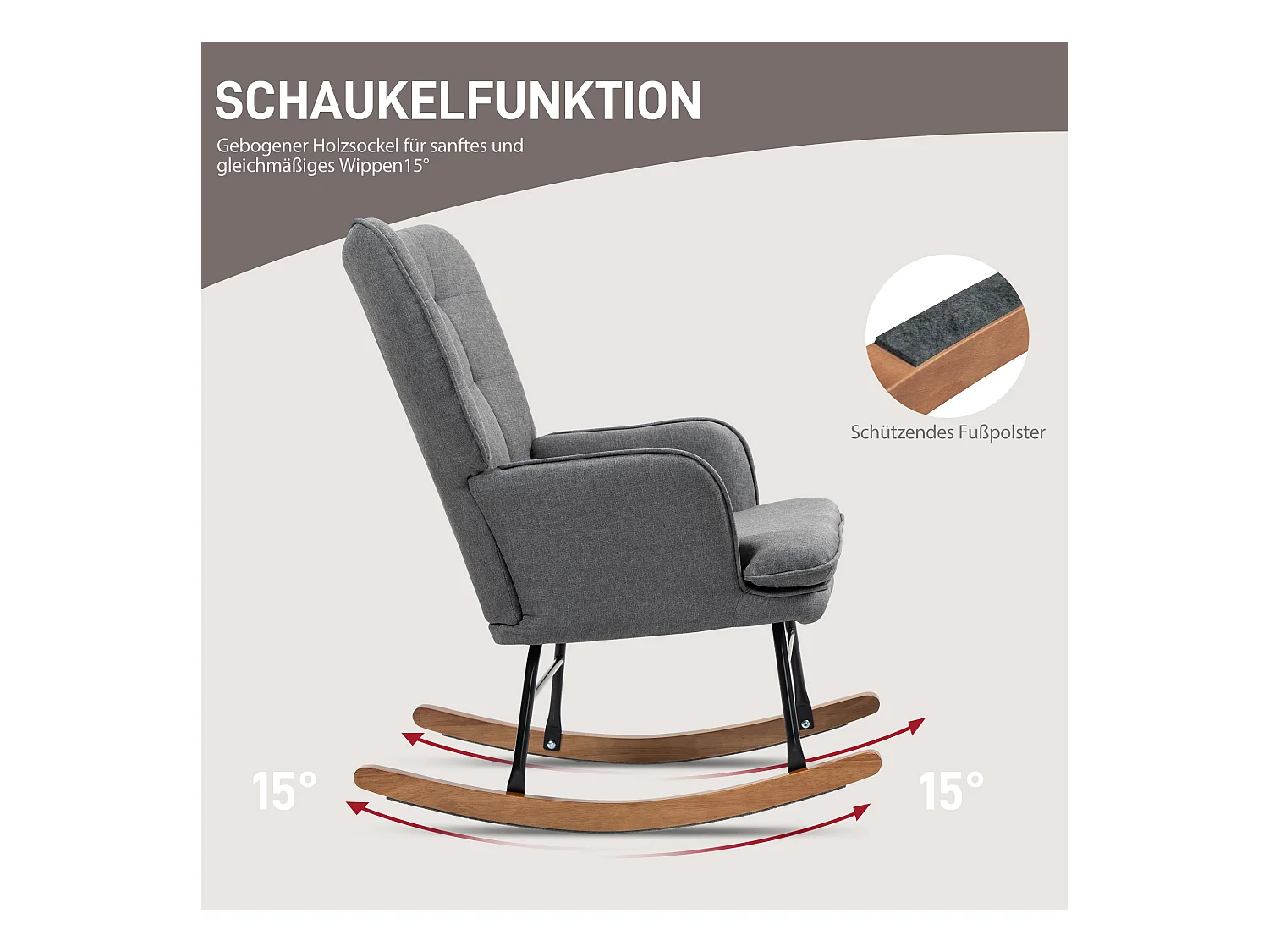 Fauteuil à bascule avec repose-pieds, tissu lin, gris foncé (64x89x90cm)