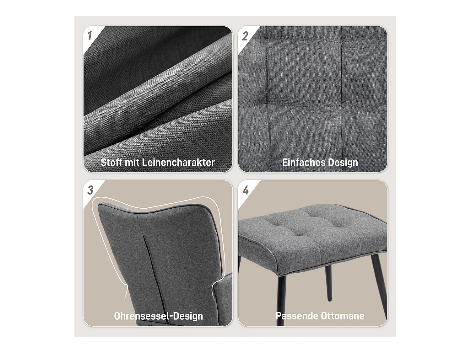 Fauteuil à bascule avec repose-pieds, tissu lin, gris foncé (64x89x90cm)