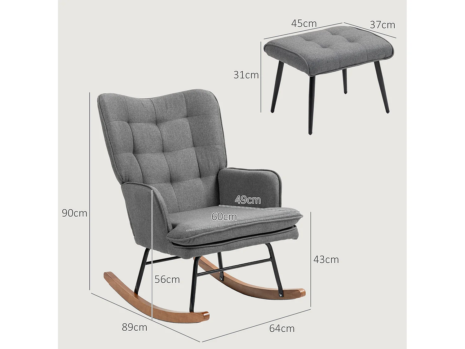 Schommelstoel met voetenbankje, linnen stof, donkergrijs (64x89x90cm)