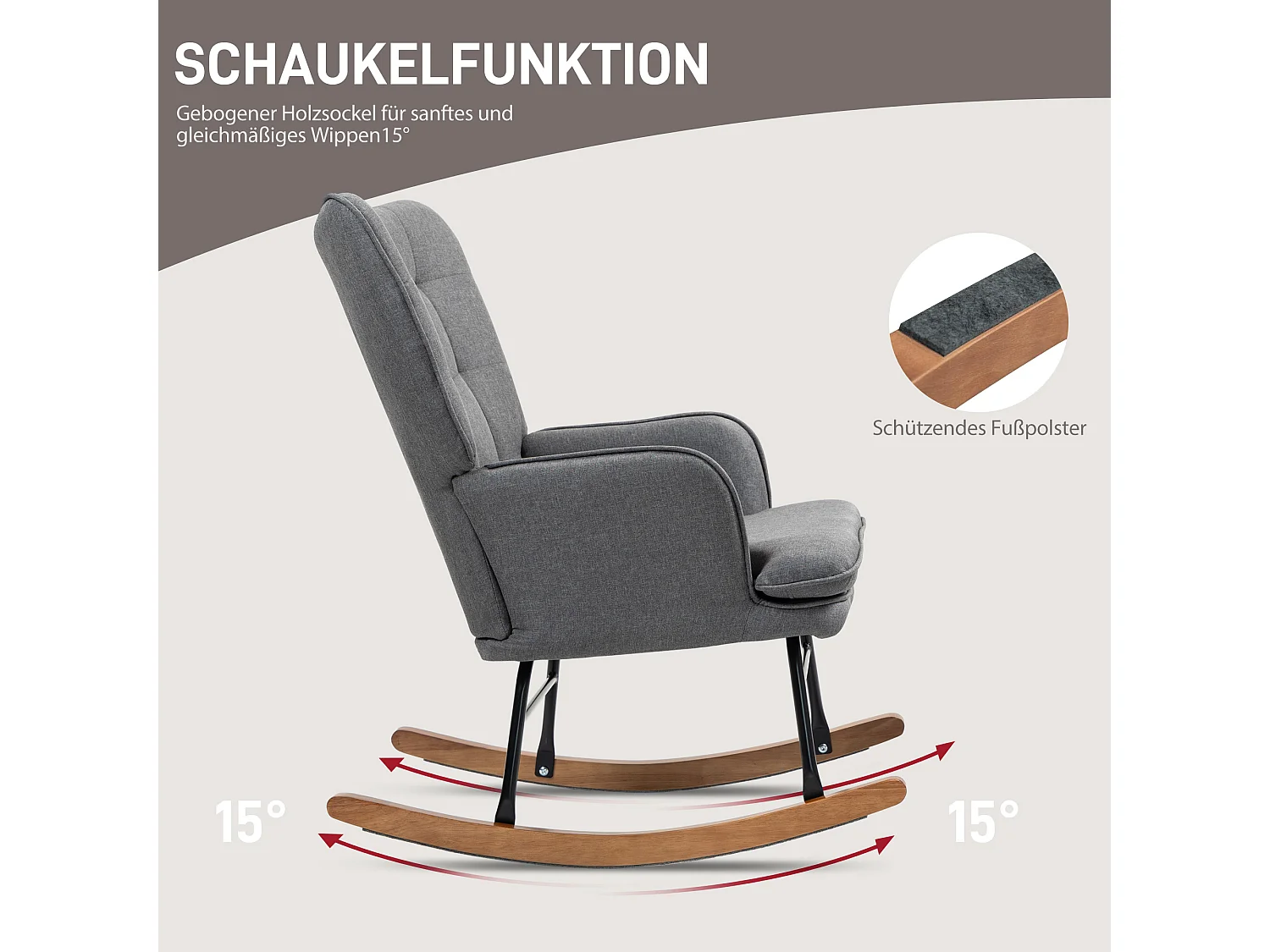Schommelstoel met voetenbankje, linnen stof, donkergrijs (64x89x90cm)