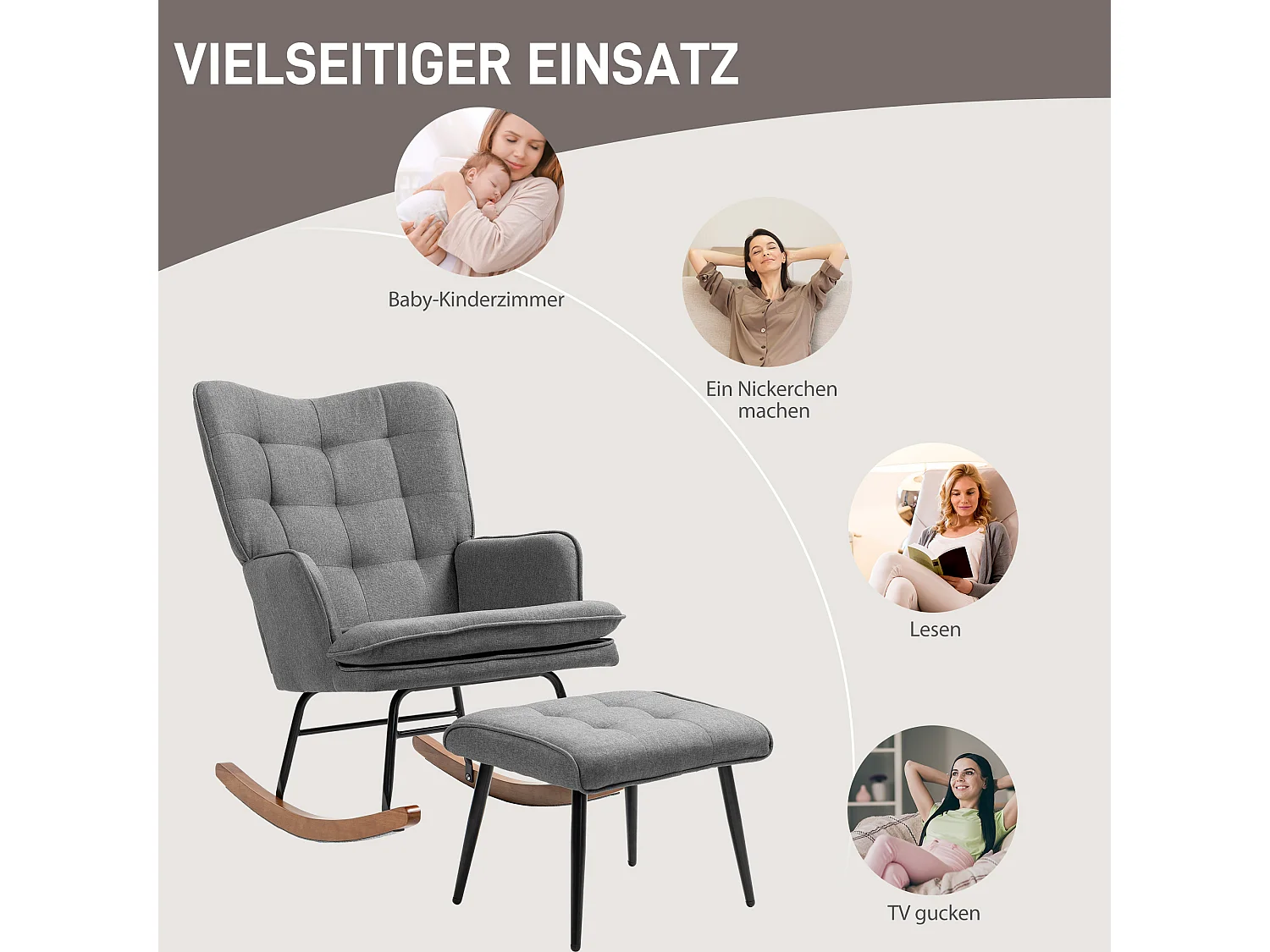 Schommelstoel met voetenbankje, linnen stof, donkergrijs (64x89x90cm)