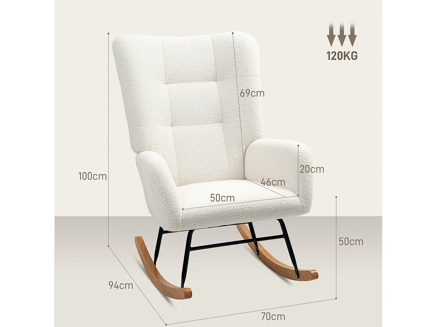 Fauteuil à bascule avec accoudoirs, tissu velours, fonction de relaxation, support en bois, crème (94x70x100 cm)