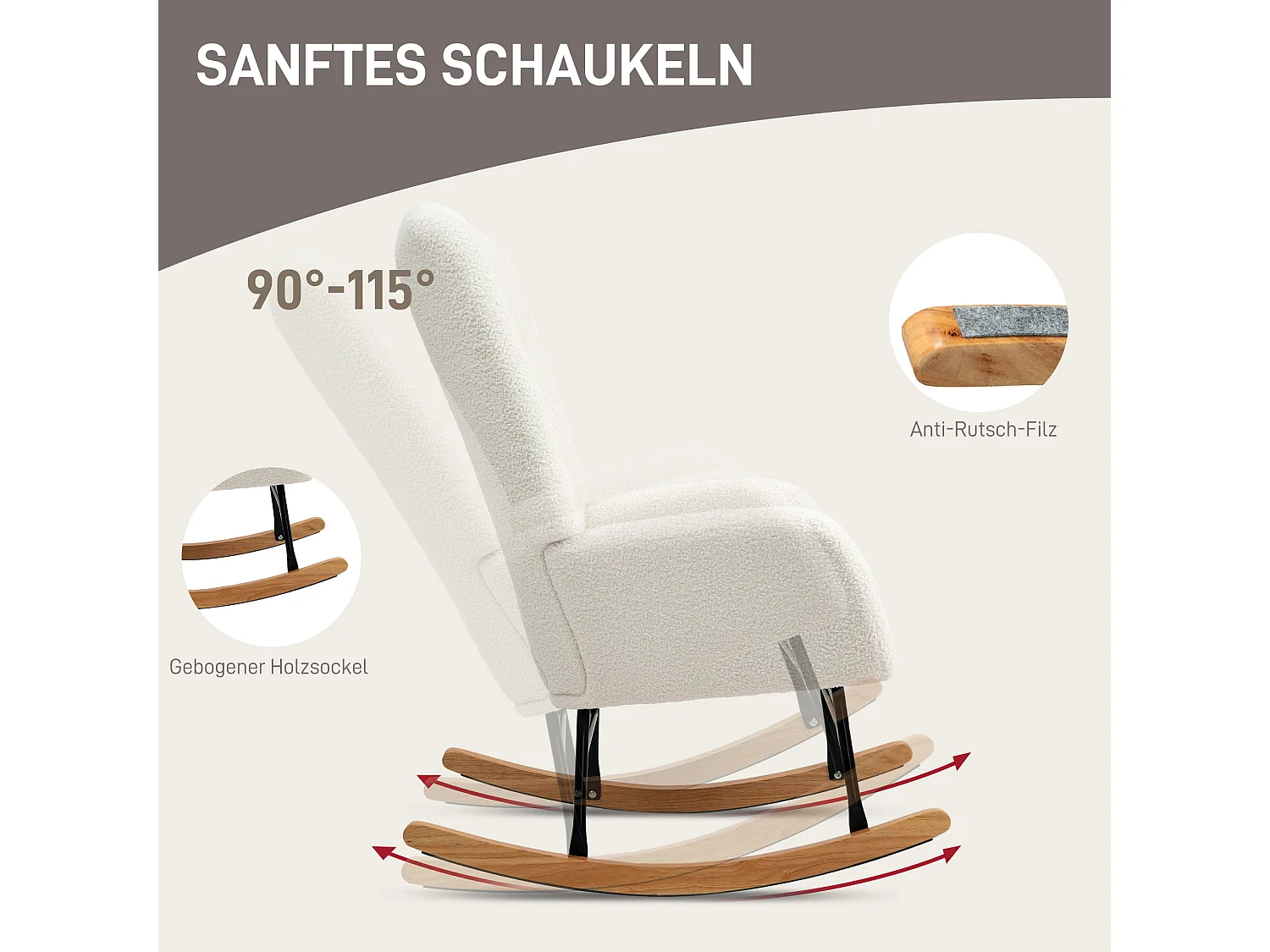 Fauteuil à bascule avec accoudoirs, tissu velours, fonction de relaxation, support en bois, crème (94x70x100 cm)