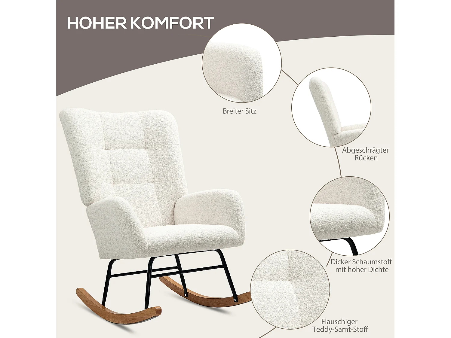 Fauteuil à bascule avec accoudoirs, tissu velours, fonction de relaxation, support en bois, crème (94x70x100 cm)