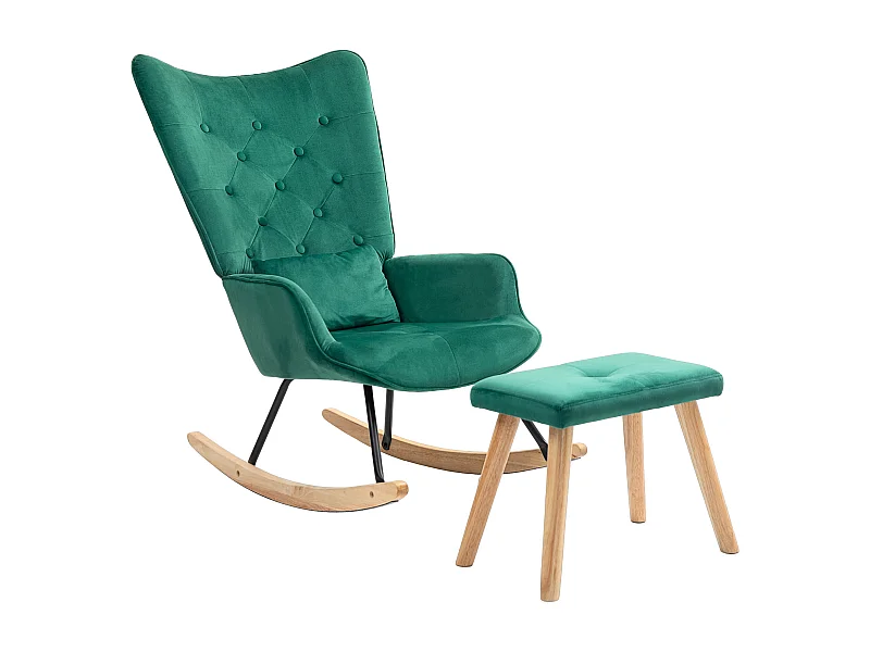 Fauteuil à bascule avec repose-pieds, tissu velours, pieds en bois, vert (66x96x101 cm)