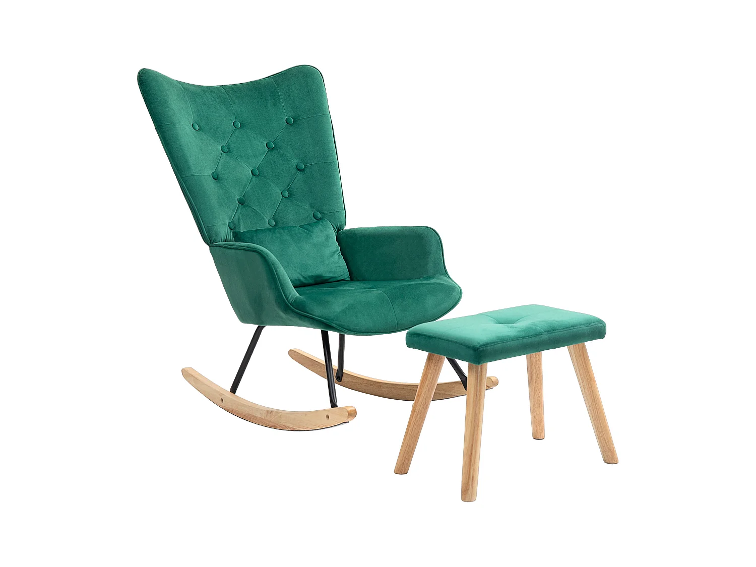Fauteuil à bascule avec repose-pieds, tissu velours, pieds en bois, vert (66x96x101 cm)