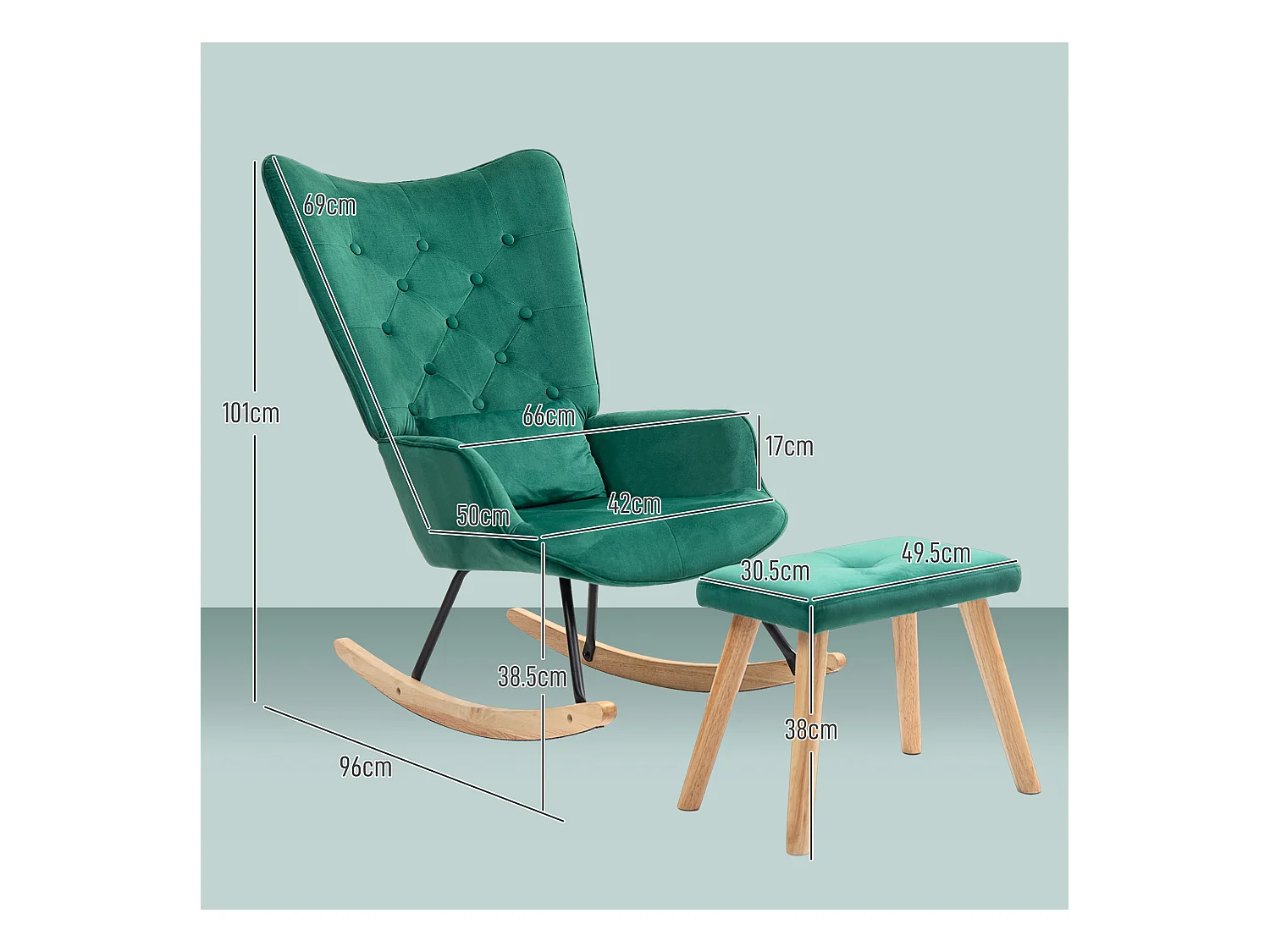 Fauteuil à bascule avec repose-pieds, tissu velours, pieds en bois, vert (66x96x101 cm)