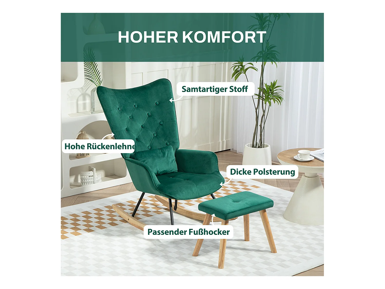 Schommelstoel met voetenbankje, fluwelen stof, houten poten, groen (66x96x101 cm)
