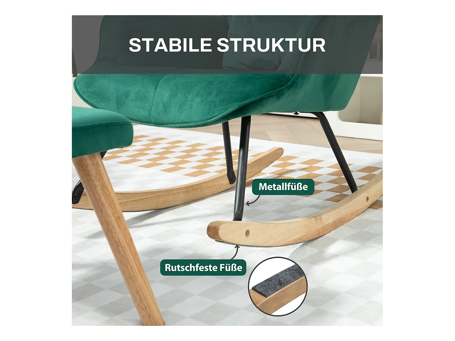 Schommelstoel met voetenbankje, fluwelen stof, houten poten, groen (66x96x101 cm)
