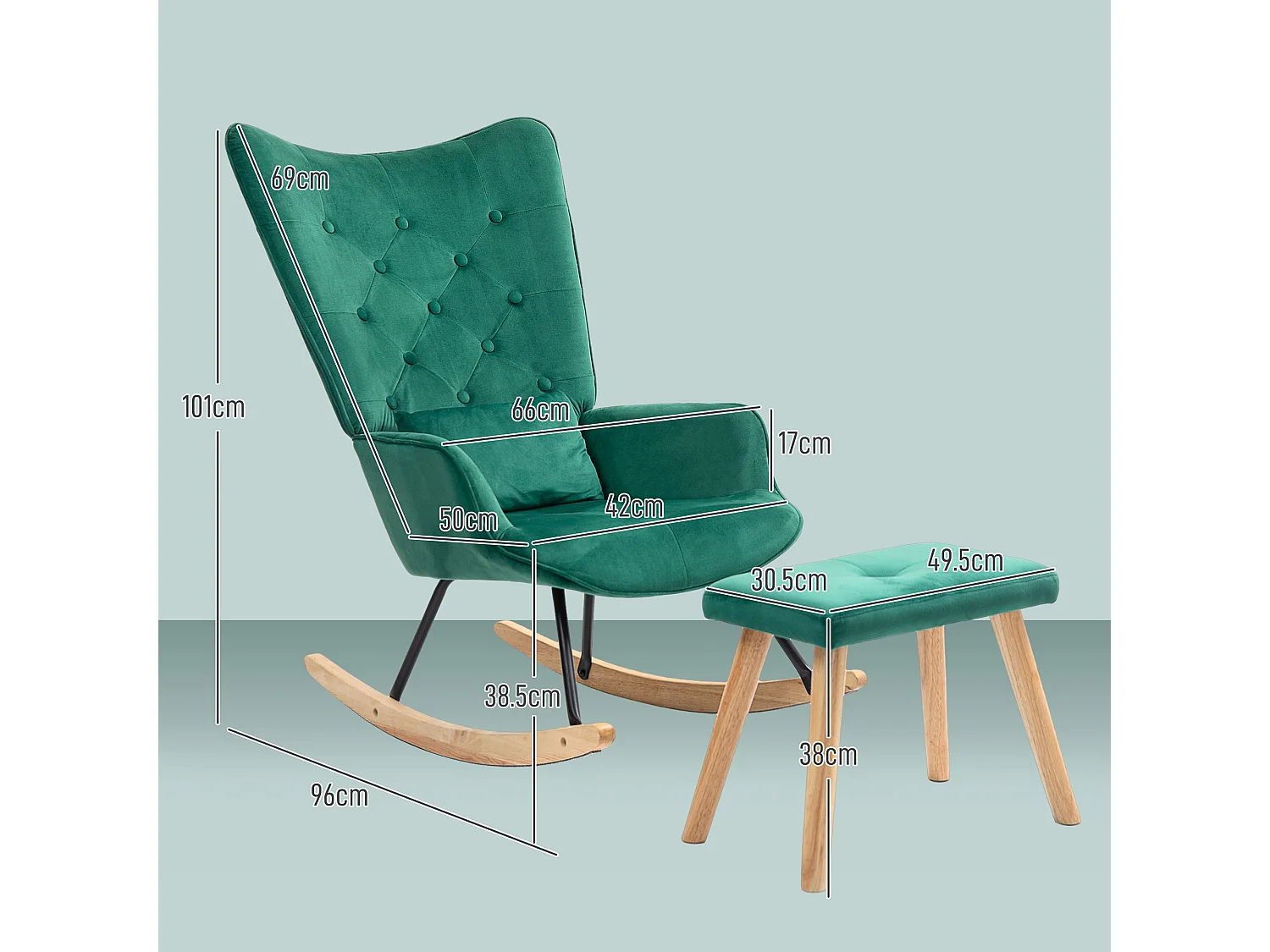 Fauteuil à bascule avec repose-pieds, tissu velours, pieds en bois, vert (66x96x101 cm)