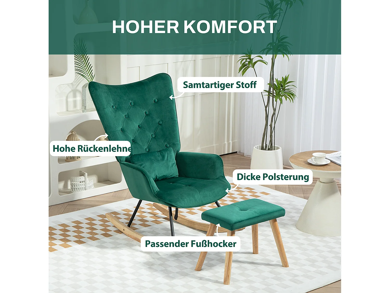 Fauteuil à bascule avec repose-pieds, tissu velours, pieds en bois, vert (66x96x101 cm)