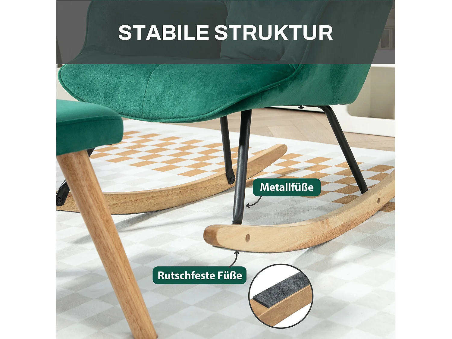 Fauteuil à bascule avec repose-pieds, tissu velours, pieds en bois, vert (66x96x101 cm)