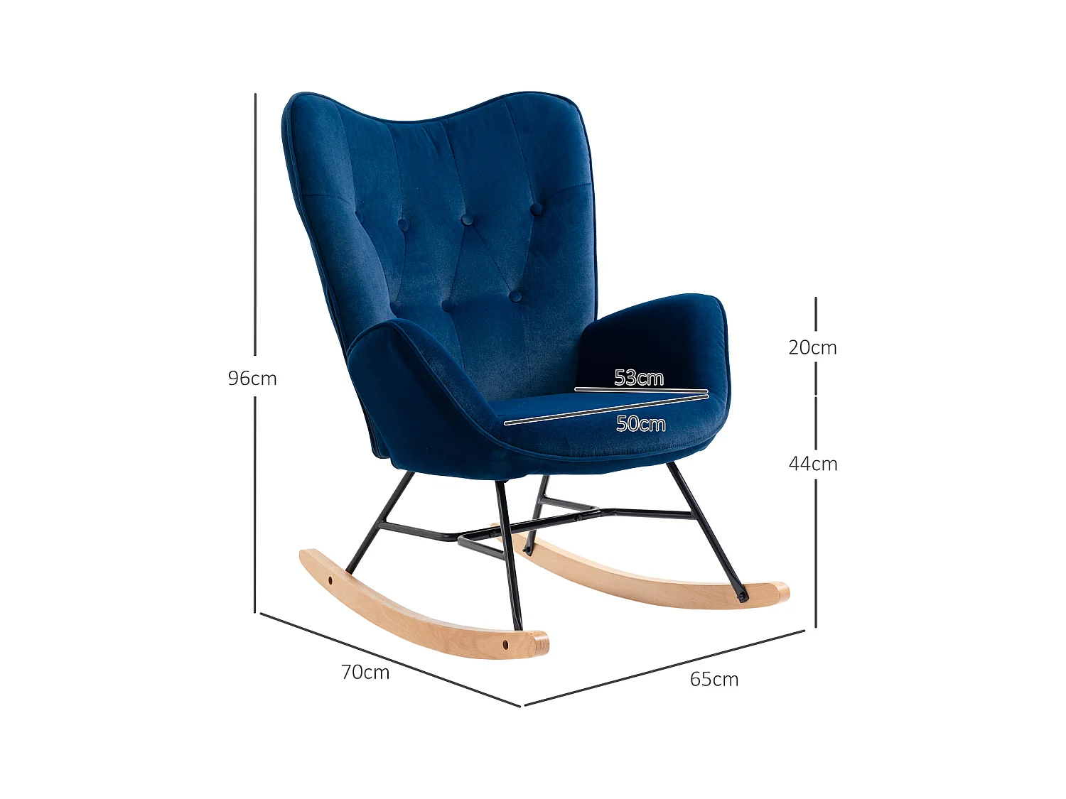 Chaise à bascule avec dossier haut, confort optimal, tissu velours, bleu (65x70x96 cm)