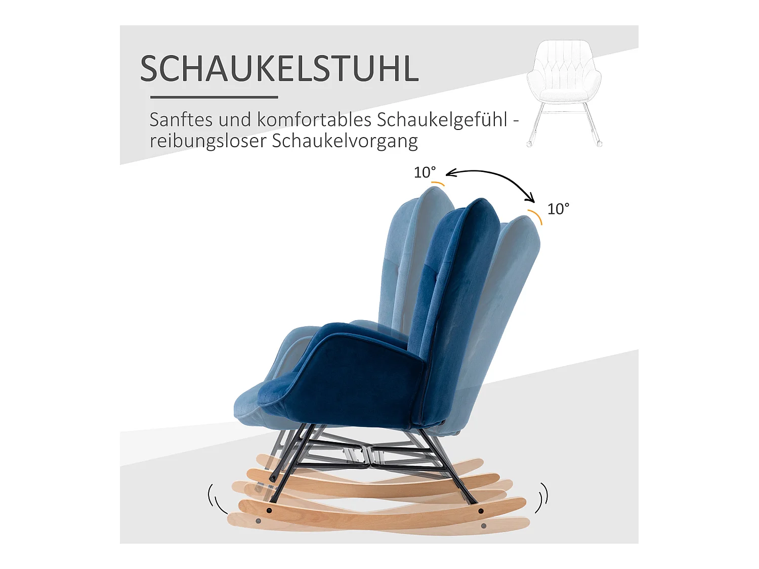 Chaise à bascule avec dossier haut, confort optimal, tissu velours, bleu (65x70x96 cm)