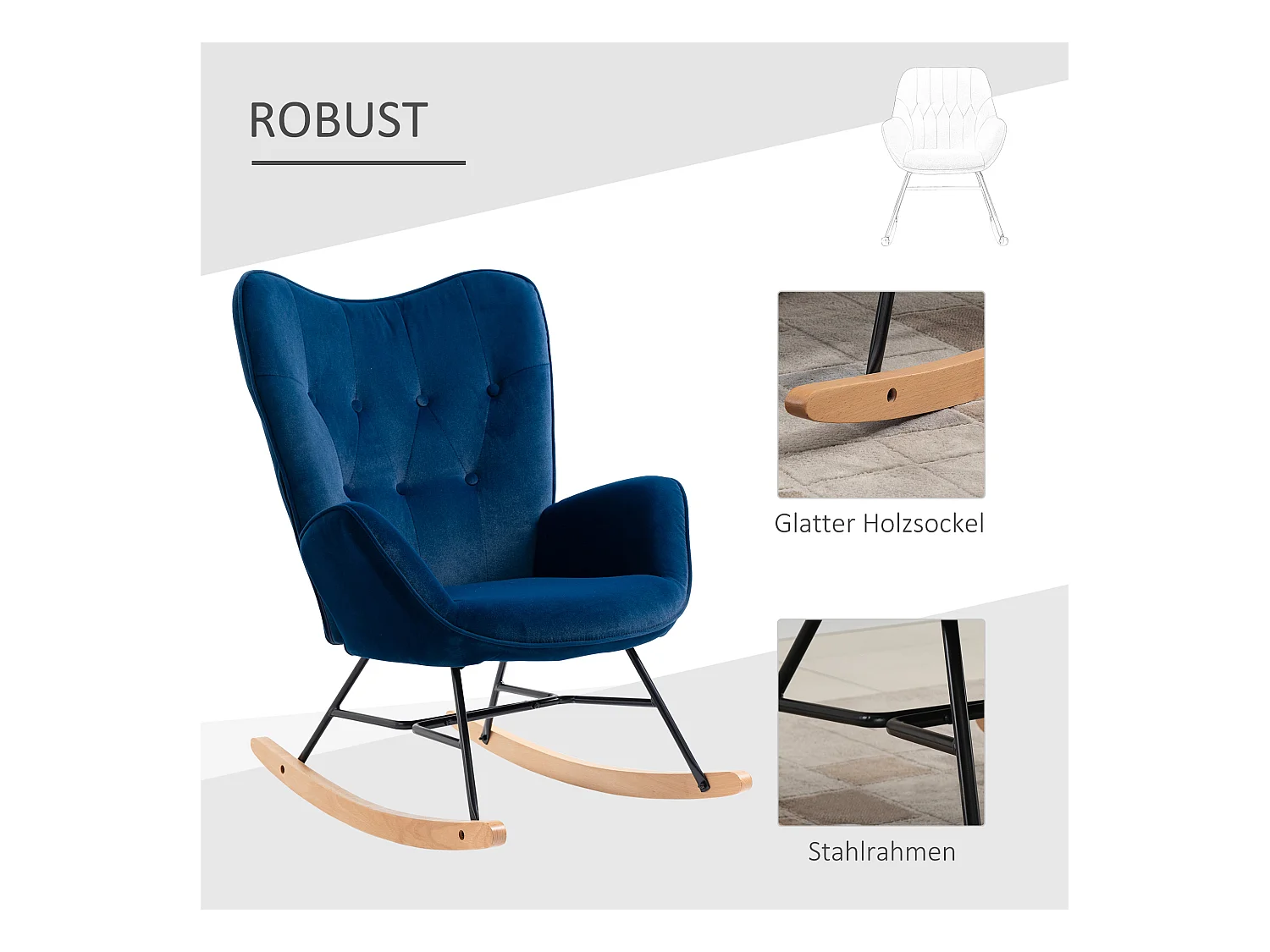 Chaise à bascule avec dossier haut, confort optimal, tissu velours, bleu (65x70x96 cm)