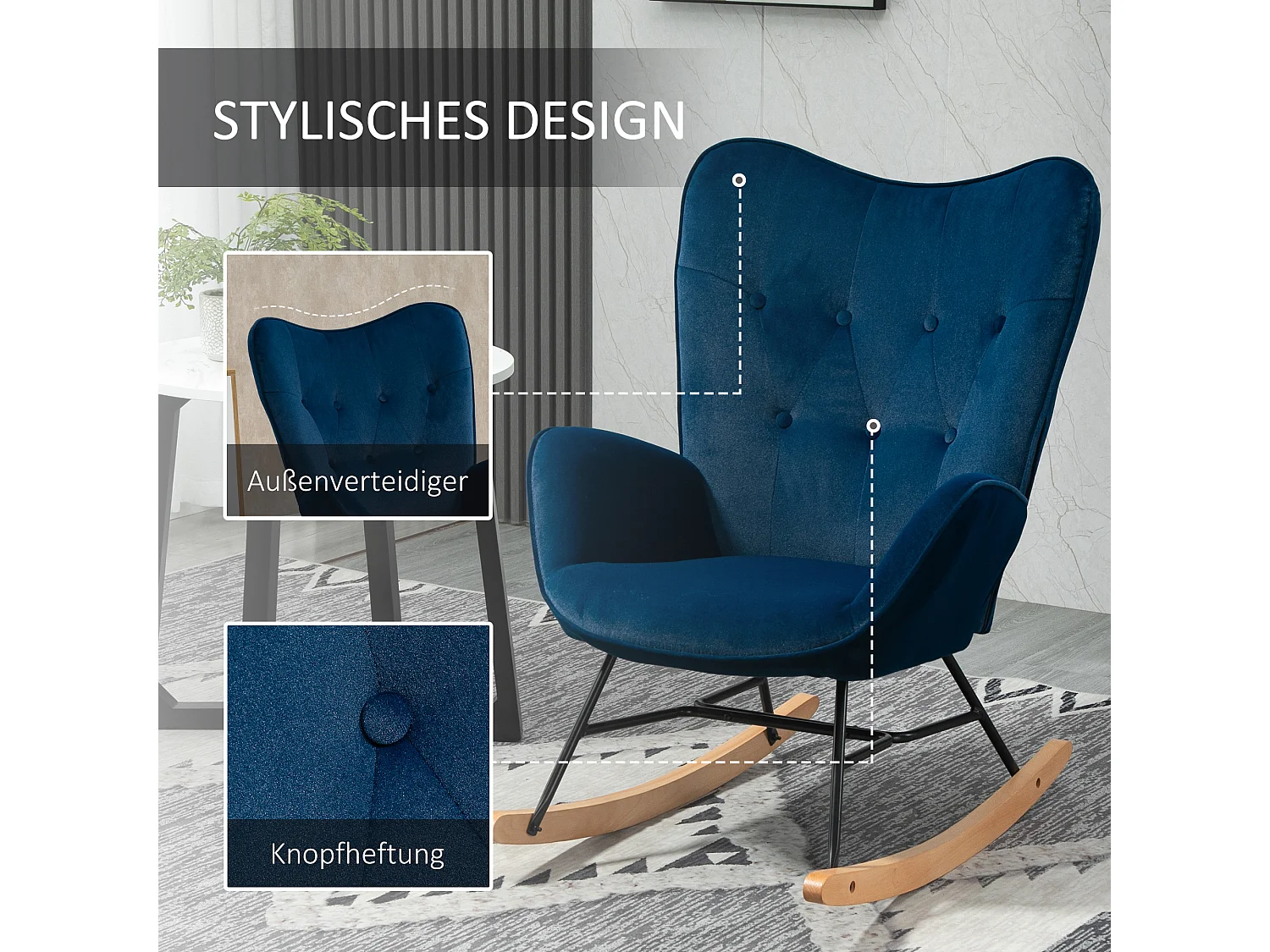 Chaise à bascule avec dossier haut, confort optimal, tissu velours, bleu (65x70x96 cm)