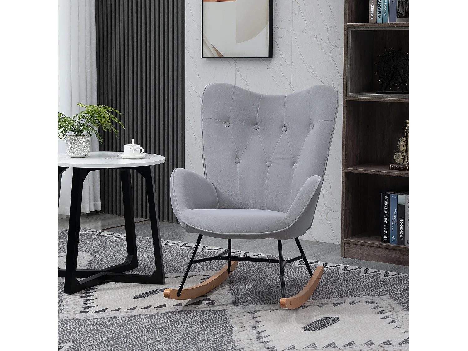 Fauteuil à bascule ergonomique, tissu velours, armature en métal, gris clair (65x70x96 cm)