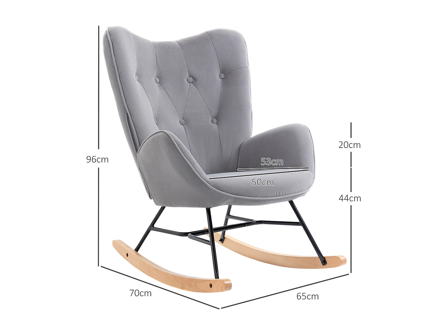 Fauteuil à bascule ergonomique, tissu velours, armature en métal, gris clair (65x70x96 cm)