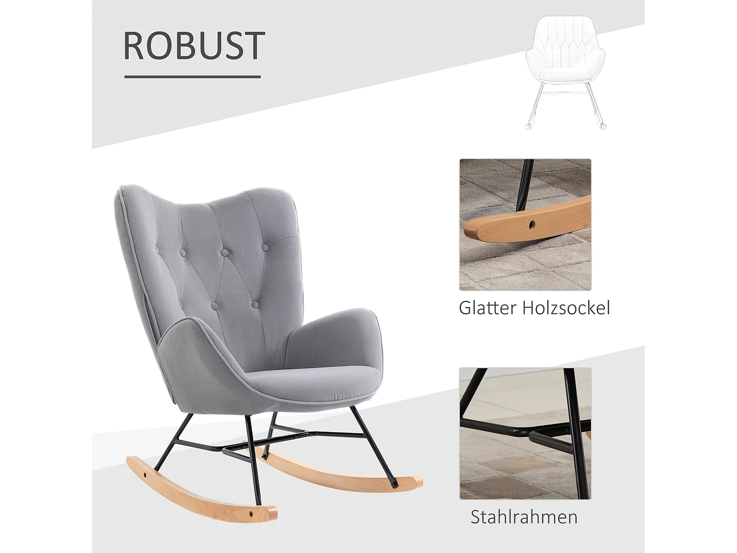 Fauteuil à bascule ergonomique, tissu velours, armature en métal, gris clair (65x70x96 cm)