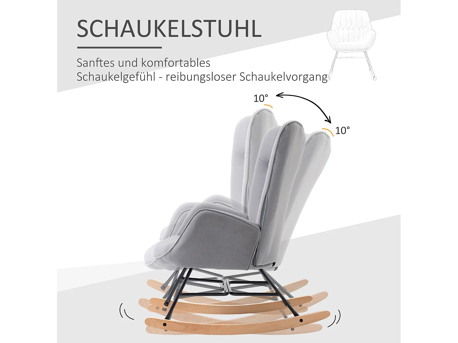 Fauteuil à bascule ergonomique, tissu velours, armature en métal, gris clair (65x70x96 cm)