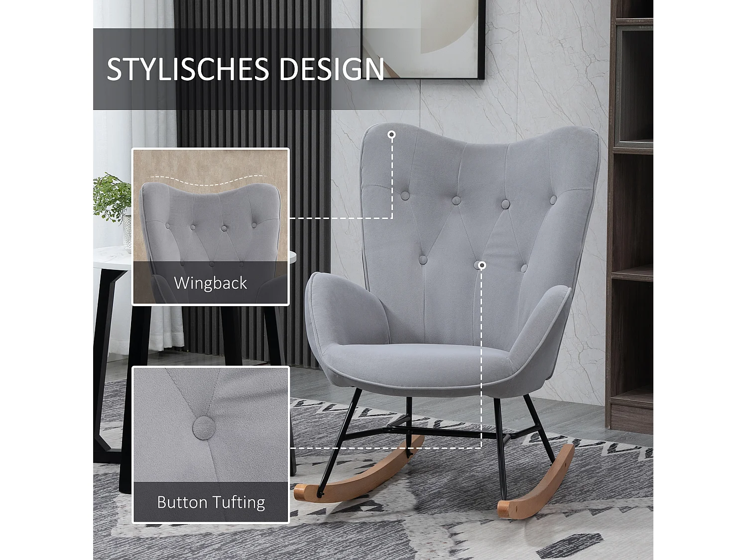 Fauteuil à bascule ergonomique, tissu velours, armature en métal, gris clair (65x70x96 cm)