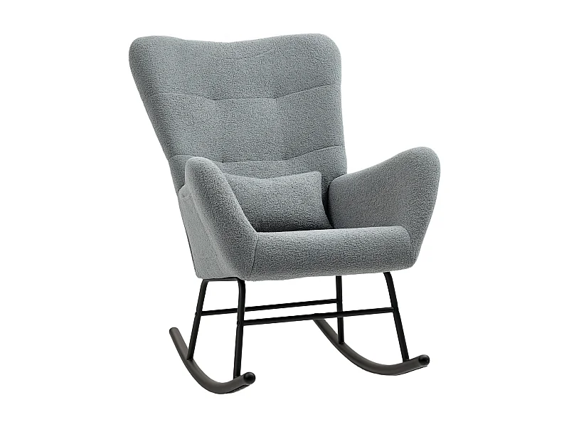 Fauteuil à bascule en tissu teddy, avec accoudoirs, coussin lombaire, rangement latéral, gris (95x67x100cm)