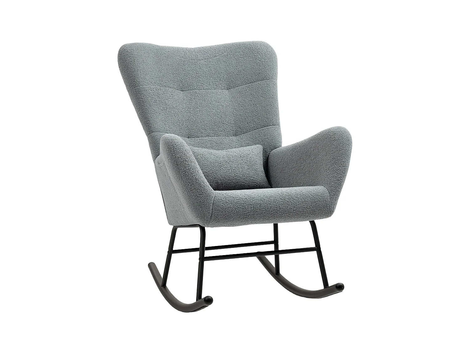 Fauteuil à bascule en tissu teddy, avec accoudoirs, coussin lombaire, rangement latéral, gris (95x67x100cm)