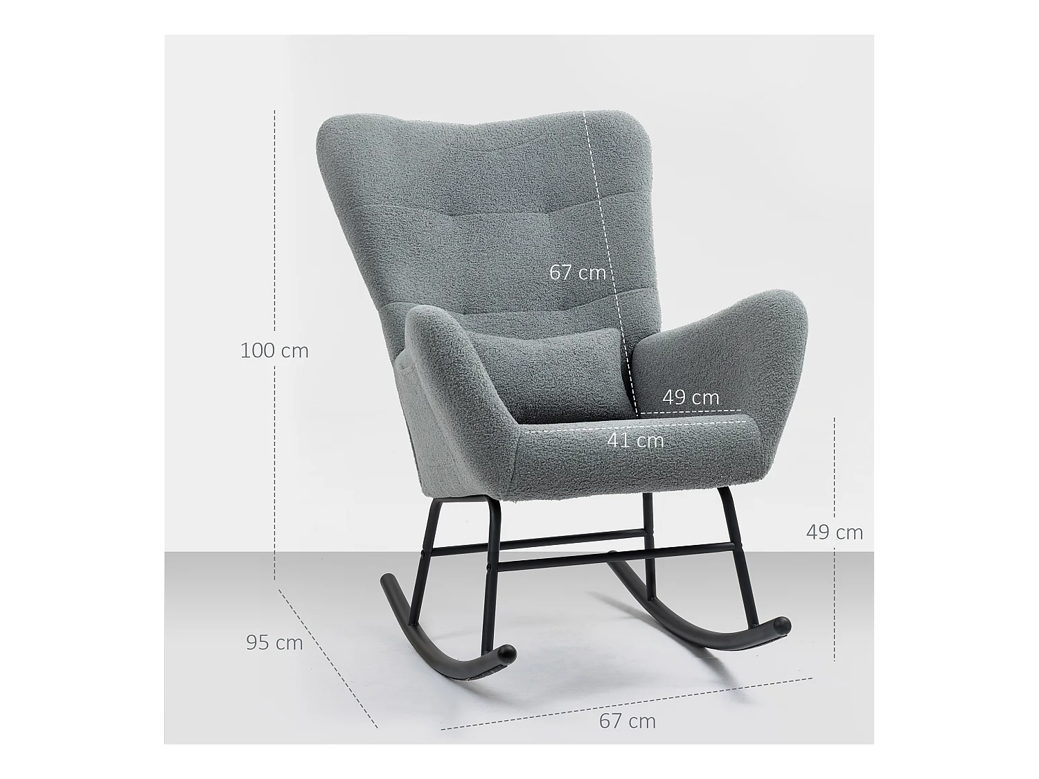Fauteuil à bascule en tissu teddy, avec accoudoirs, coussin lombaire, rangement latéral, gris (95x67x100cm)