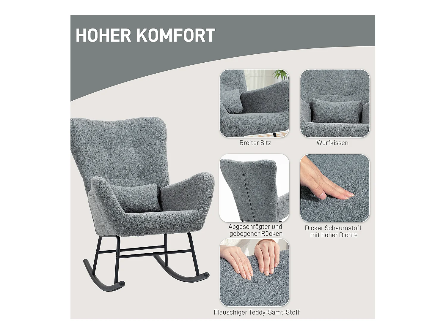 Fauteuil à bascule en tissu teddy, avec accoudoirs, coussin lombaire, rangement latéral, gris (95x67x100cm)