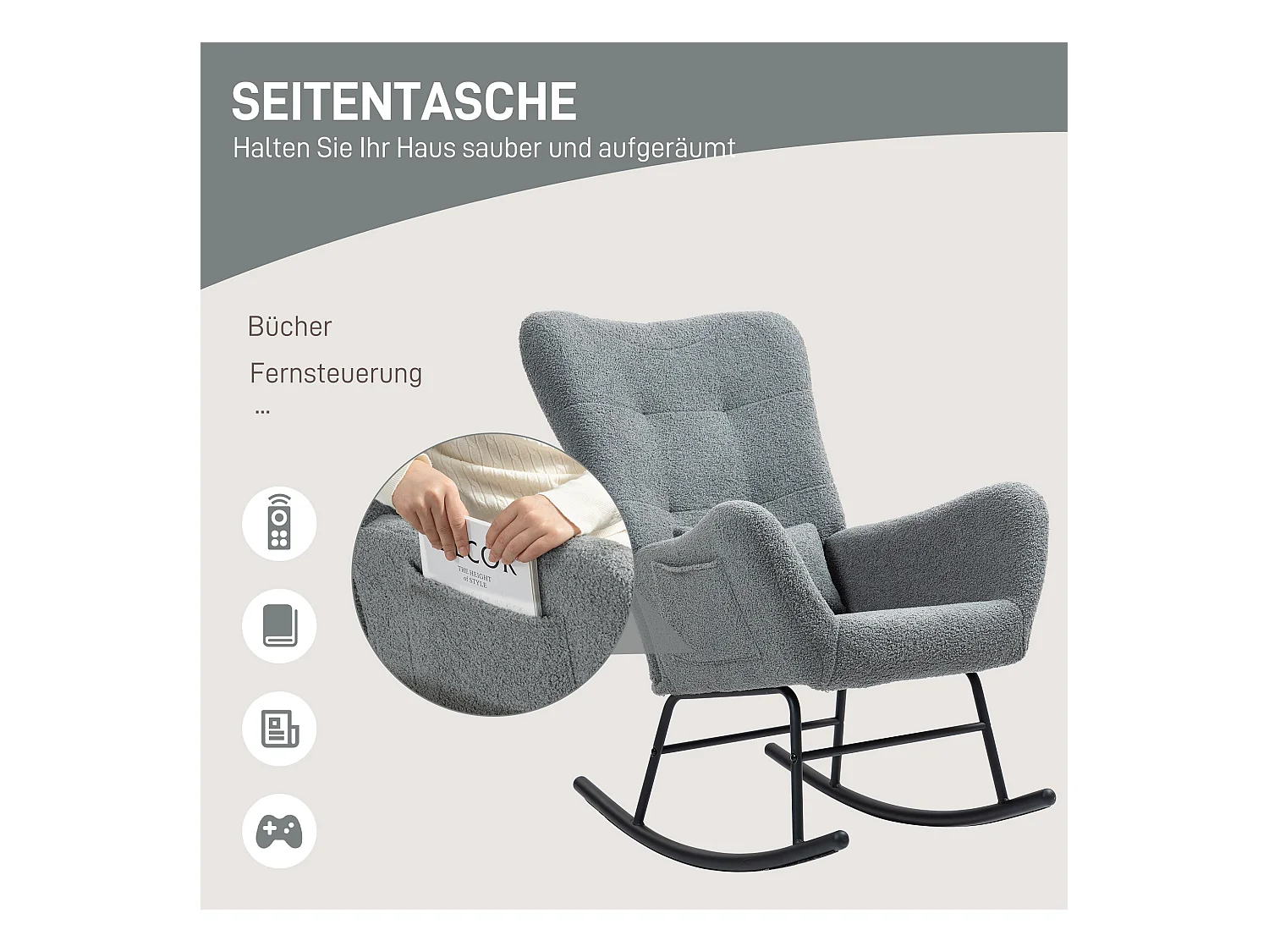 Fauteuil à bascule en tissu teddy, avec accoudoirs, coussin lombaire, rangement latéral, gris (95x67x100cm)