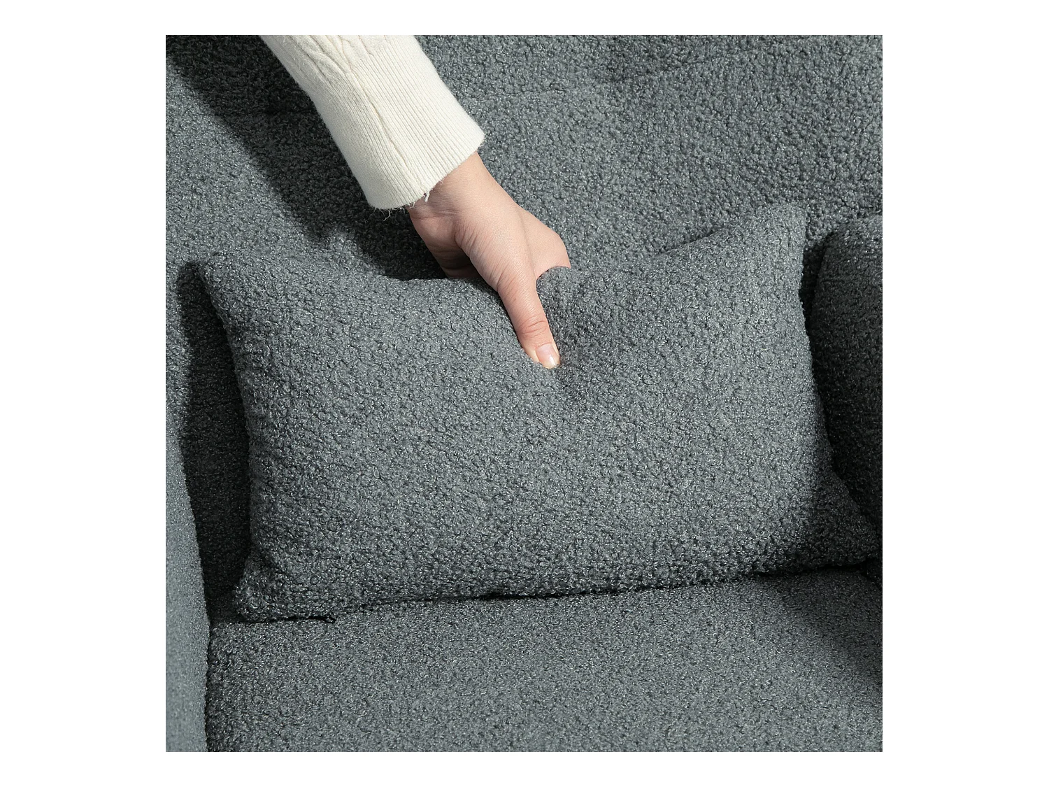 Fauteuil à bascule en tissu teddy, avec accoudoirs, coussin lombaire, rangement latéral, gris (95x67x100cm)