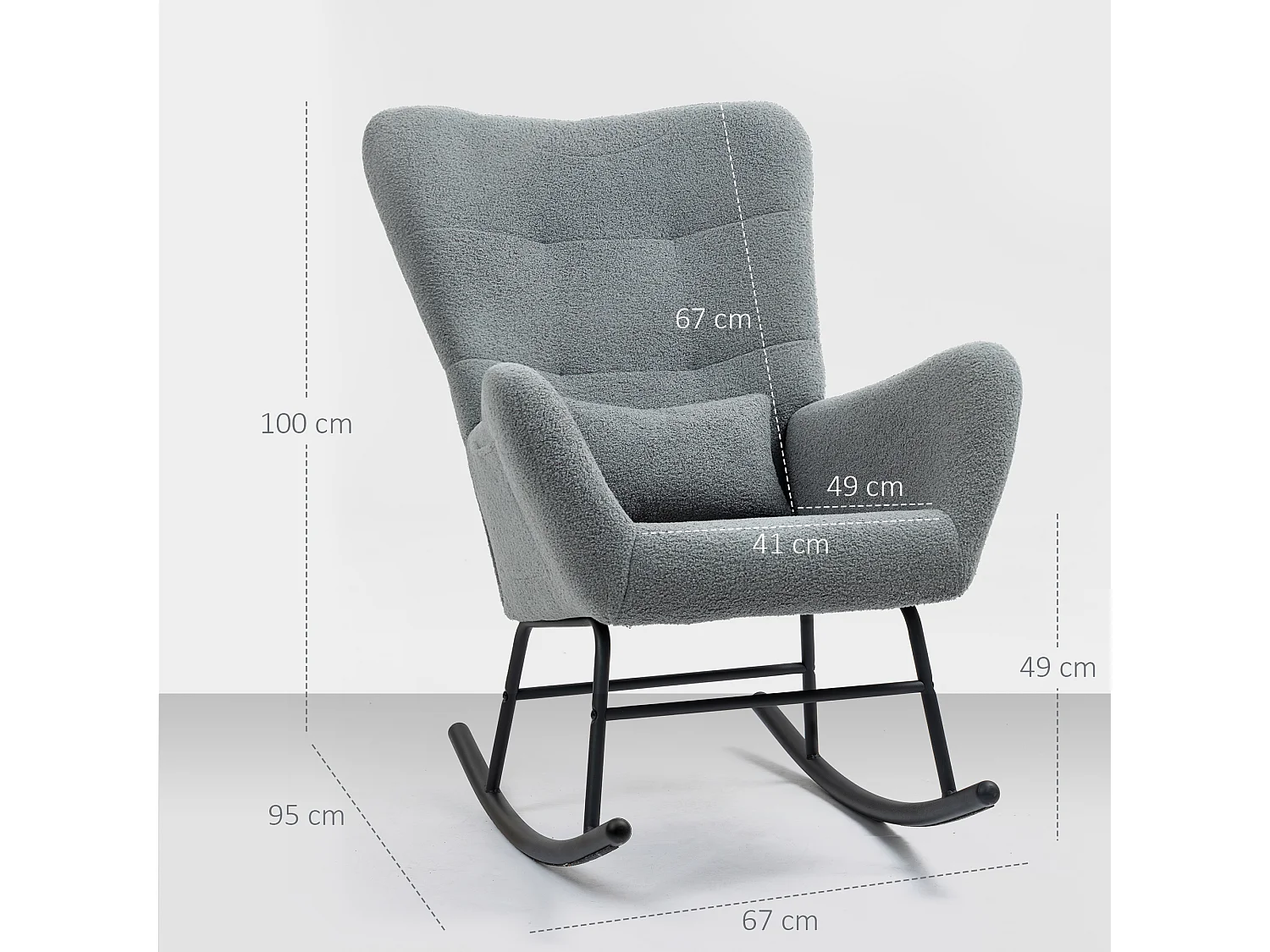 Fauteuil à bascule en tissu teddy, avec accoudoirs, coussin lombaire, rangement latéral, gris (95x67x100cm)