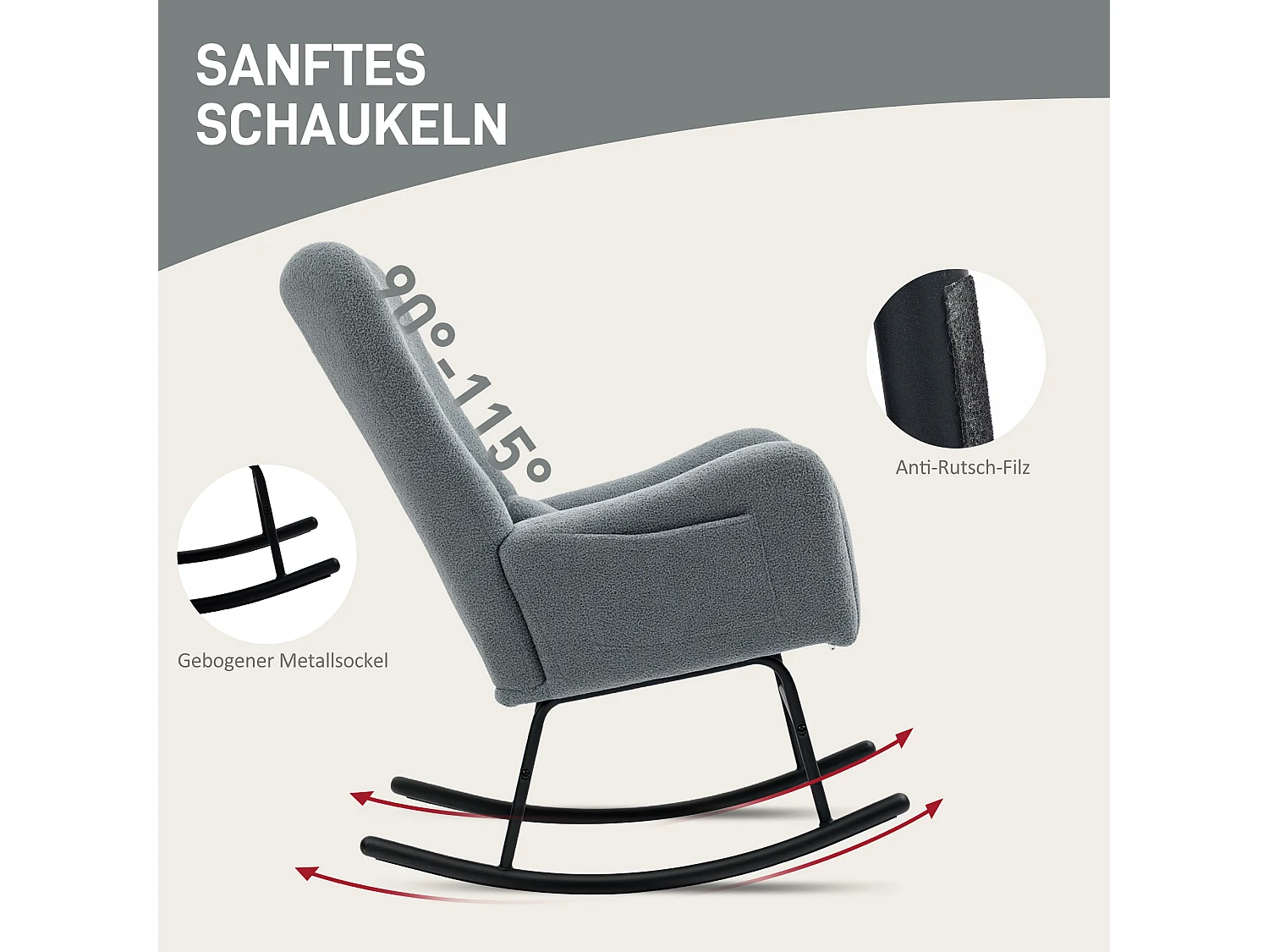 Fauteuil à bascule en tissu teddy, avec accoudoirs, coussin lombaire, rangement latéral, gris (95x67x100cm)