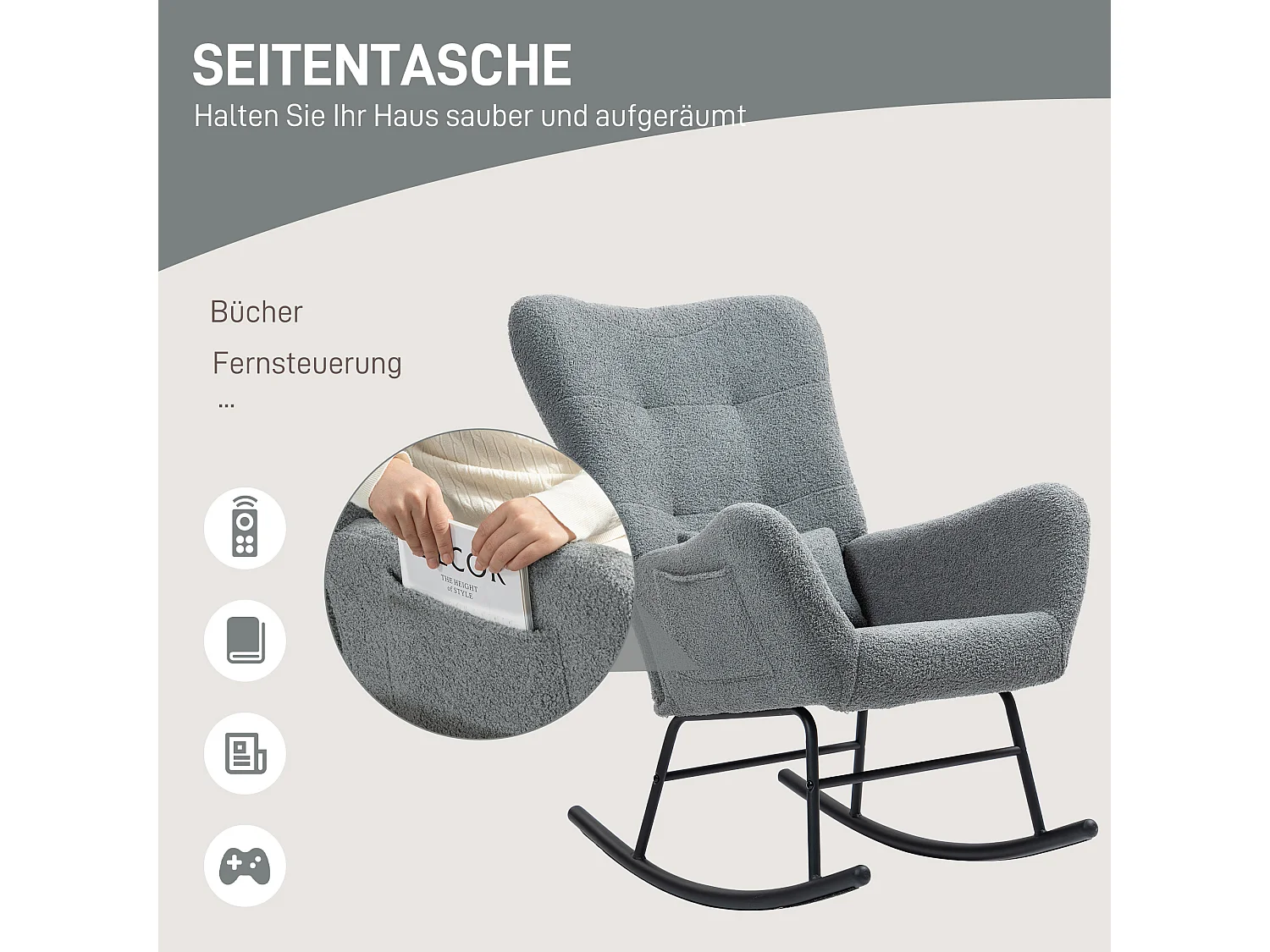 Fauteuil à bascule en tissu teddy, avec accoudoirs, coussin lombaire, rangement latéral, gris (95x67x100cm)