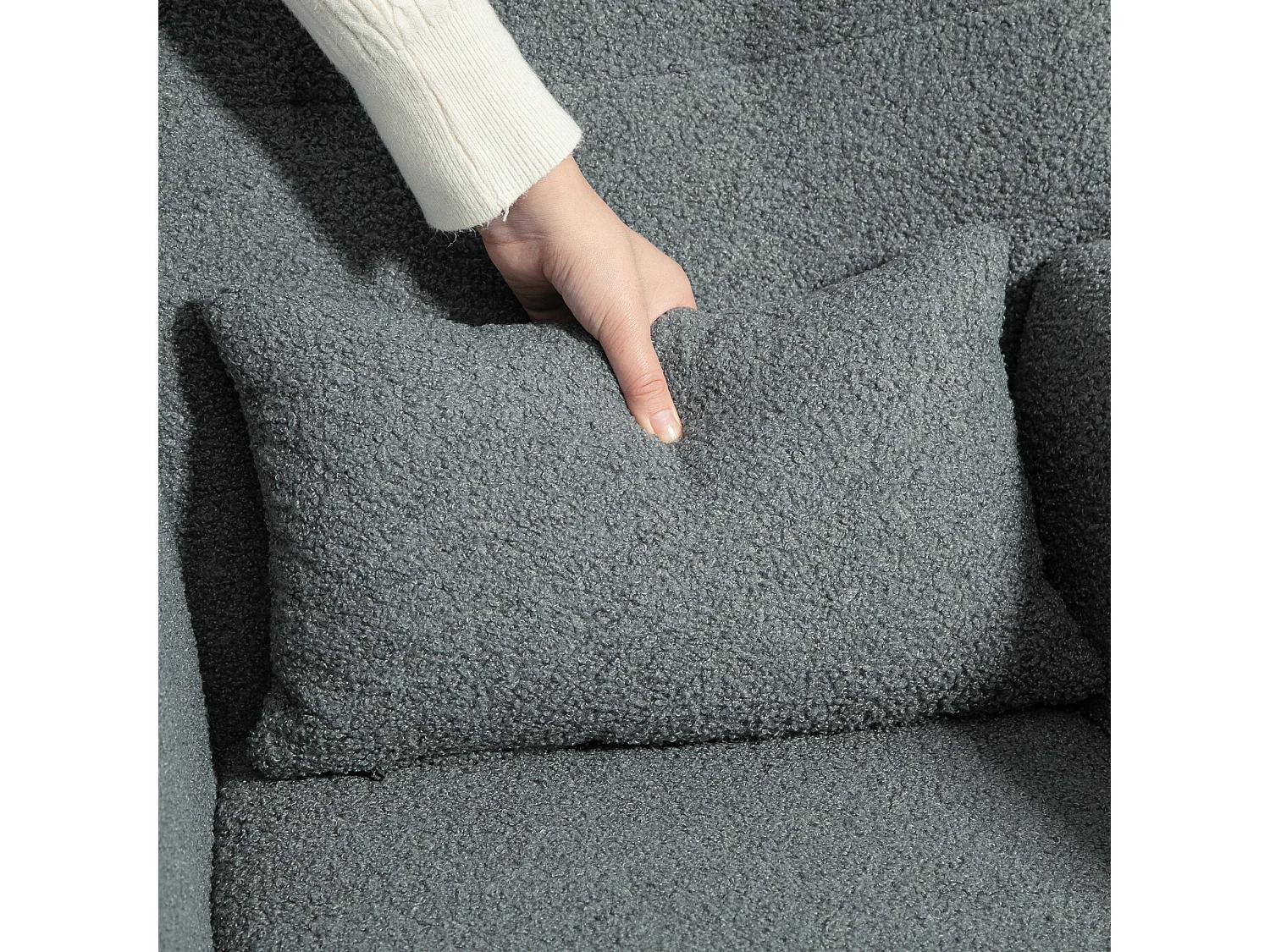 Fauteuil à bascule en tissu teddy, avec accoudoirs, coussin lombaire, rangement latéral, gris (95x67x100cm)