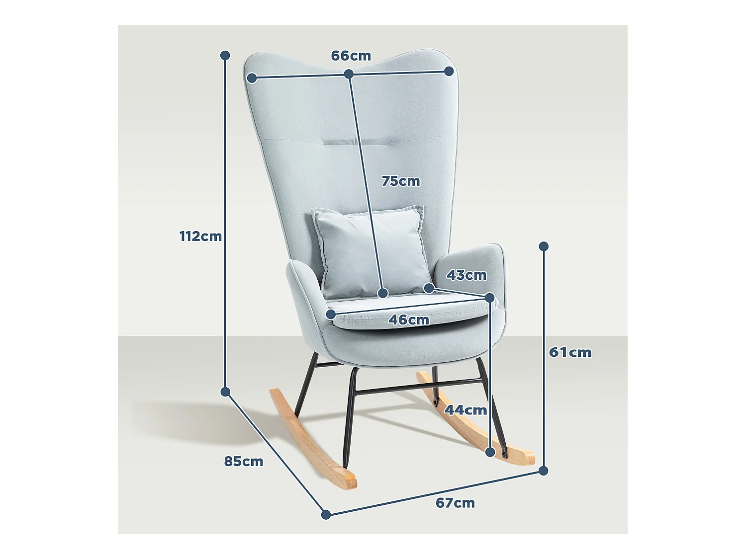 Fauteuil à bascule avec accoudoirs, fauteuil relax en velours, structure en bois, pour salon et chambre, gris (67x85x112 cm)