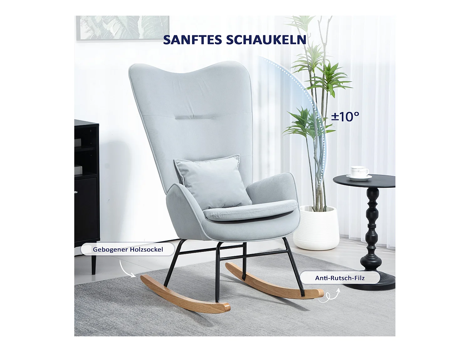 Fauteuil à bascule avec accoudoirs, fauteuil relax en velours, structure en bois, pour salon et chambre, gris (67x85x112 cm)