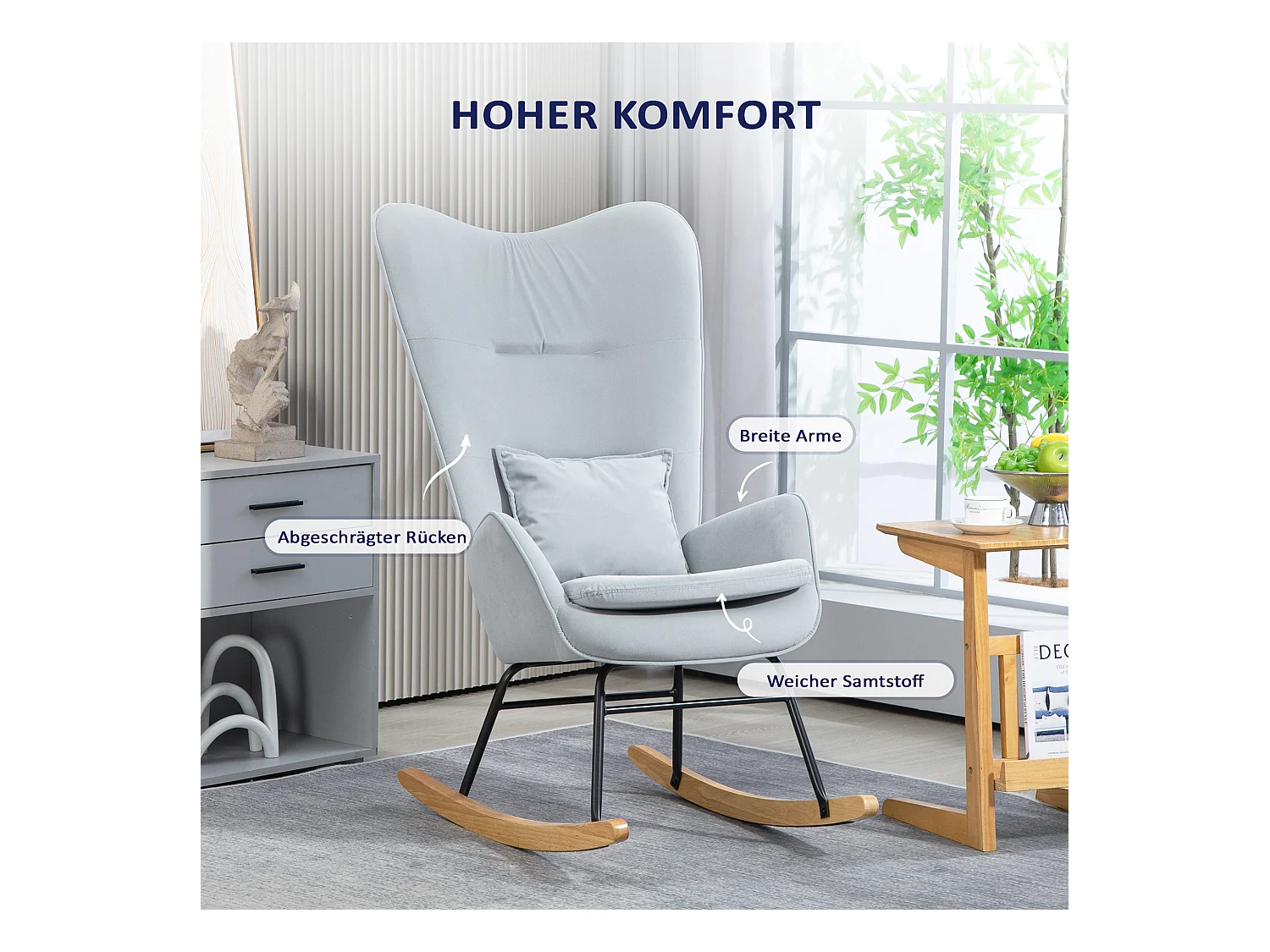 Fauteuil à bascule avec accoudoirs, fauteuil relax en velours, structure en bois, pour salon et chambre, gris (67x85x112 cm)