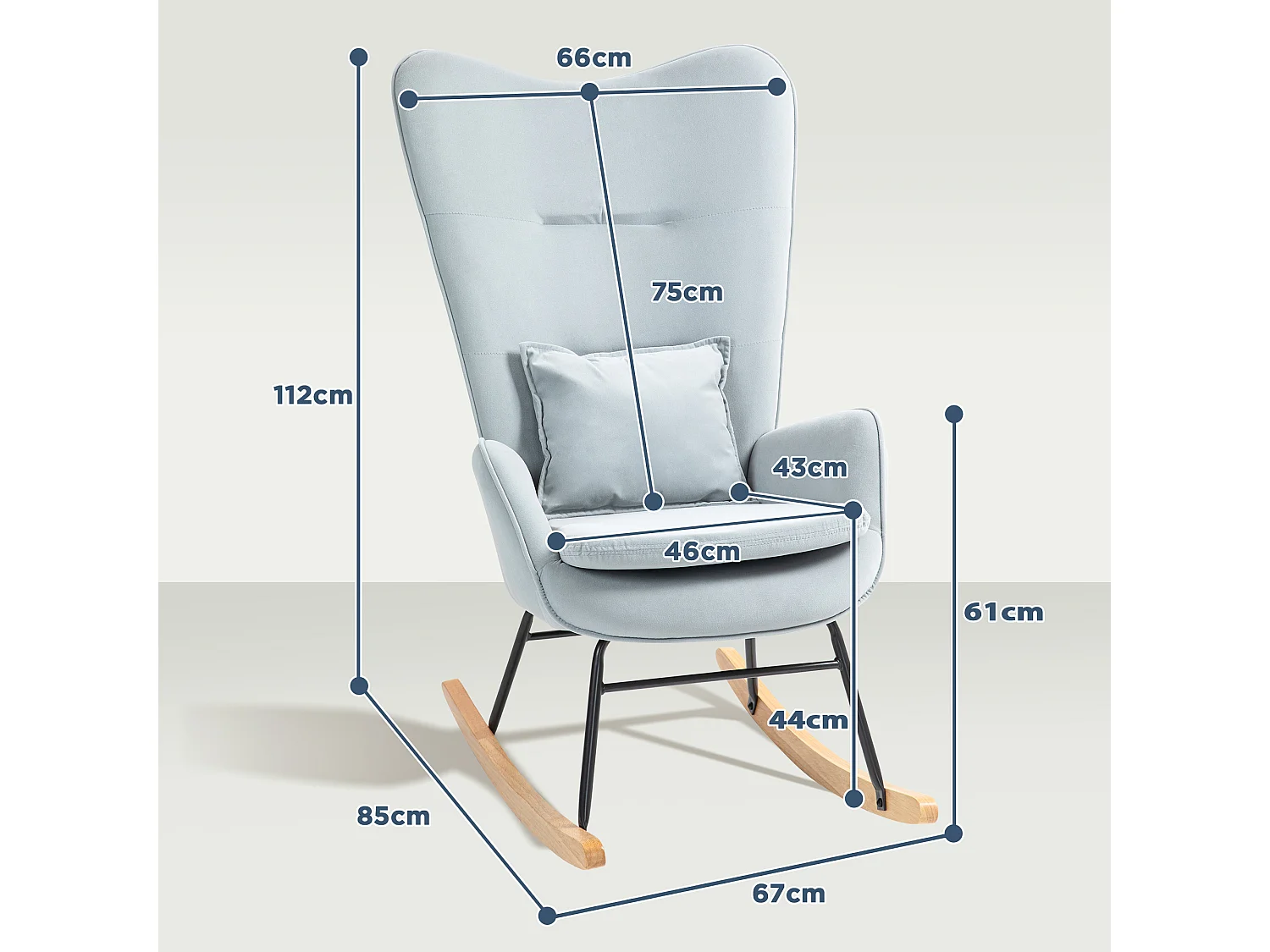 Fauteuil à bascule avec accoudoirs, fauteuil relax en velours, structure en bois, pour salon et chambre, gris (67x85x112 cm)